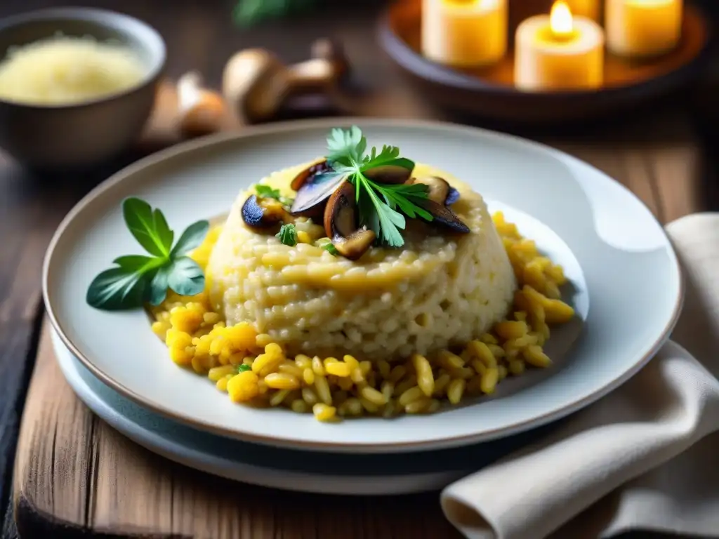 Un exquisito plato de Risotto de Azafrán y Champiñones sin gluten en una cena romántica