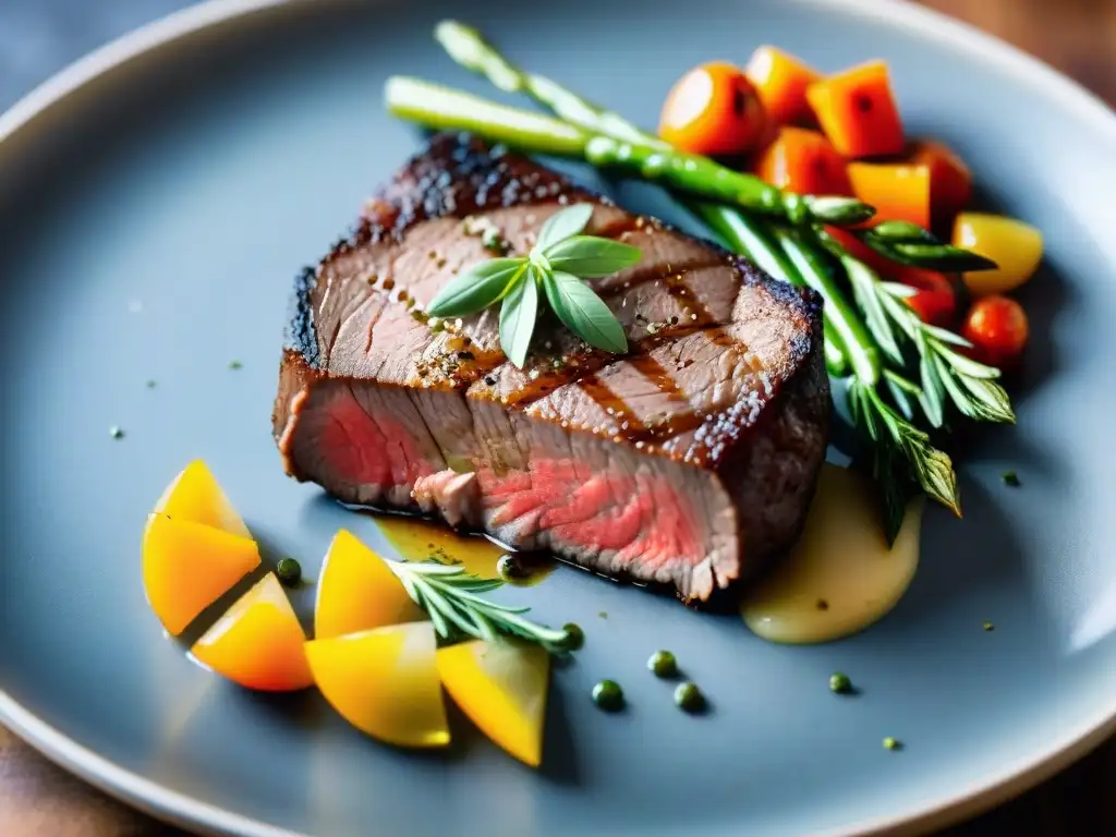 Un exquisito plato sous vide sin gluten con un suculento filete y verduras asadas, todo presentado de forma elegante