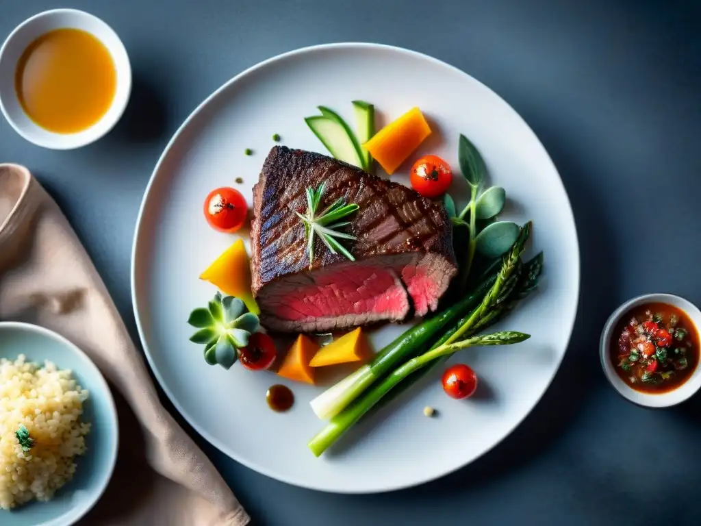 Un exquisito plato sous vide con un suculento filete sin gluten rodeado de verduras coloridas, todo bajo una suave iluminación natural