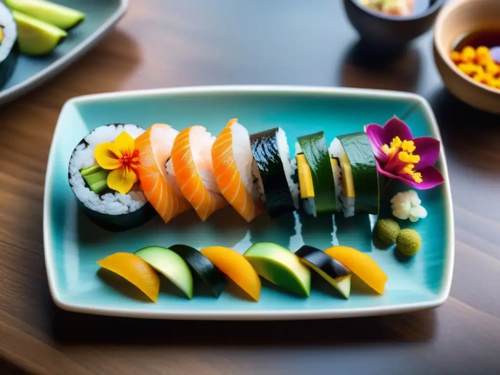 Un exquisito plato de sushi sin gluten con recetas innovadoras, envuelto en papel de soja colorido y decorado con pescado fresco y flores comestibles