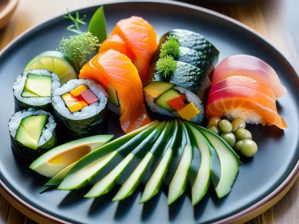 Exquisito plato de sushi sin gluten con ingredientes frescos y coloridos, presentado de forma artística en una elegante bandeja de cerámica negra