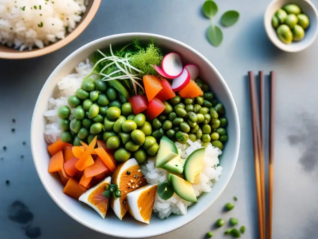 Un exquisito poke bowl sin gluten receta, repleto de colores y sabores frescos sobre una mesa rústica