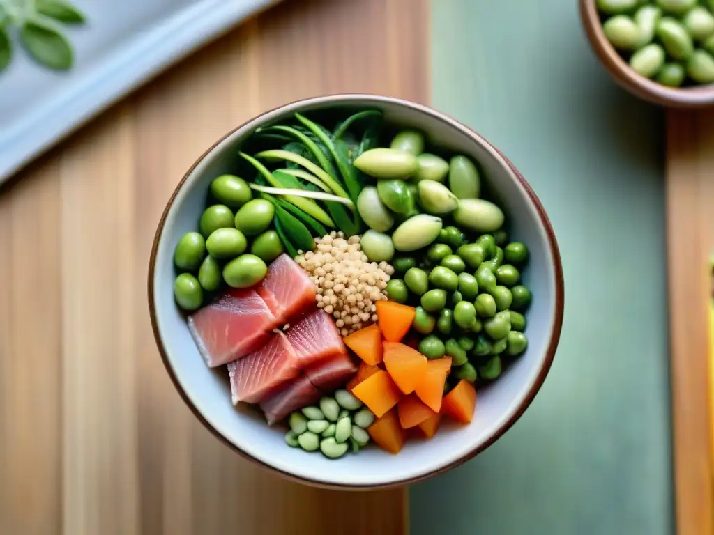 Un exquisito poke bowl sin gluten receta, con ingredientes frescos y coloridos, listo para deleitar tus sentidos