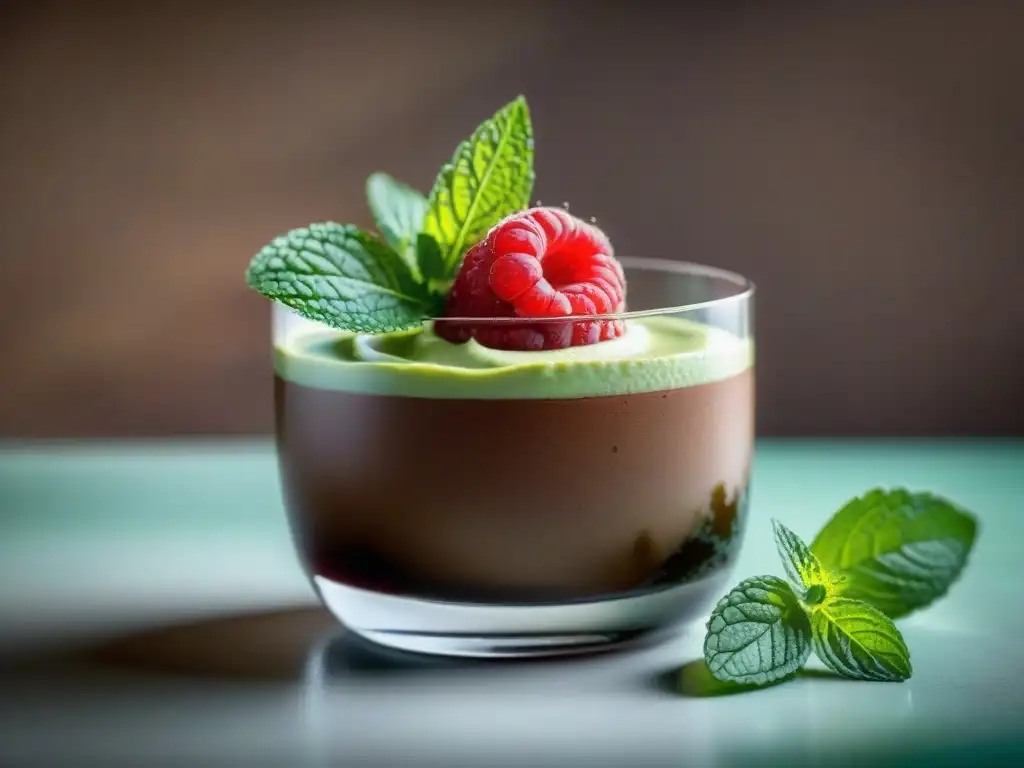 Un exquisito postre sin gluten: mousse de chocolate y aguacate con frambuesas frescas y hojas de menta en copa de cristal