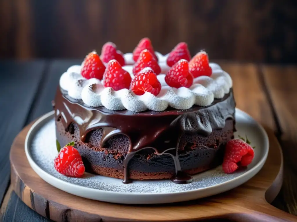 Un exquisito postre fermentado sin gluten: pastel de chocolate con ganache brillante, frambuesas frescas y azúcar glas