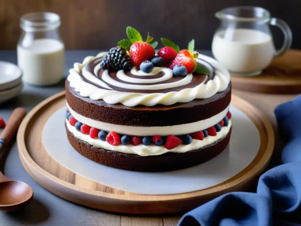 Un exquisito postre fermentado sin gluten: decadente pastel de chocolate con yogurt de coco, bayas frescas y cacao, sobre tabla rústica