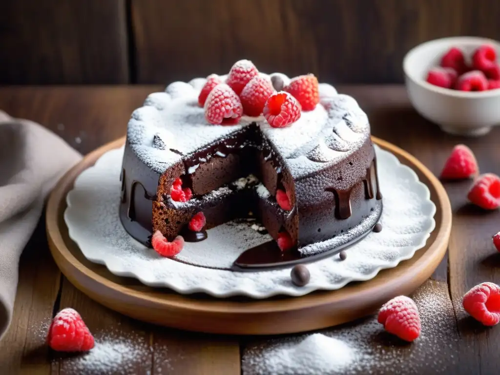 Un exquisito postre sin gluten de cocción lenta: tentador pastel de lava de chocolate con frambuesas frescas y azúcar glas