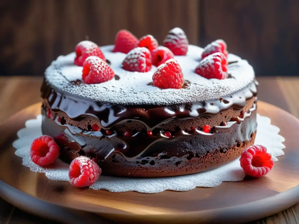 Exquisito postre sin gluten: decadente pastel de chocolate con frambuesas frescas y azúcar glas, presentado en una tabla rústica