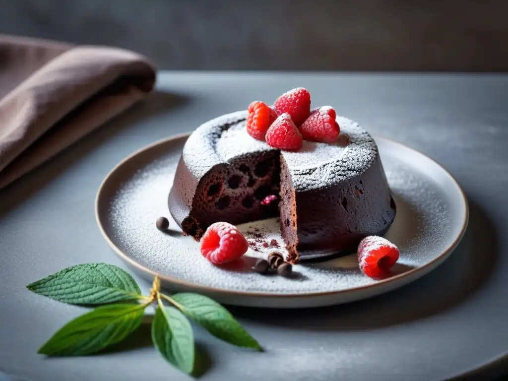 Un exquisito postre sin gluten: un decadente pastel de lava de chocolate con frambuesas frescas y azúcar glas