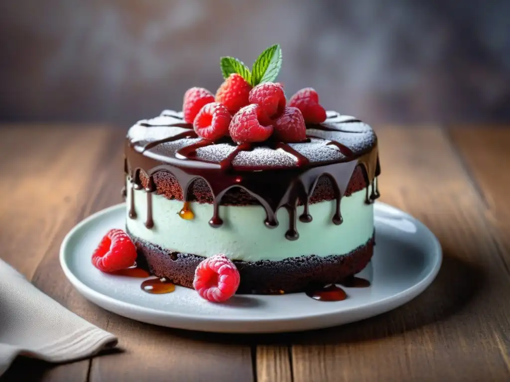 Un exquisito postre sin gluten con edulcorantes: pastel de chocolate con frambuesas y miel, en una elegante presentación