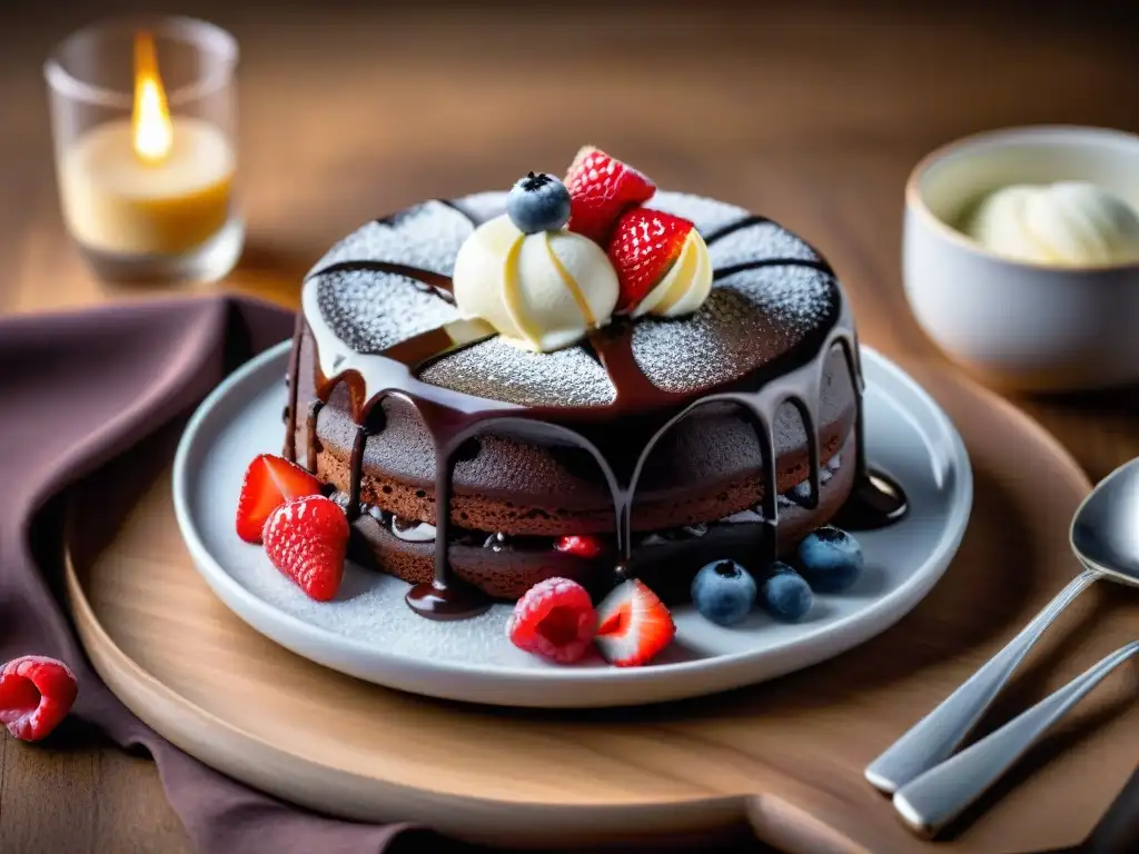 Un exquisito postre sin gluten innovador: un pastel de lava de chocolate decadente con helado de vainilla y frutos rojos frescos