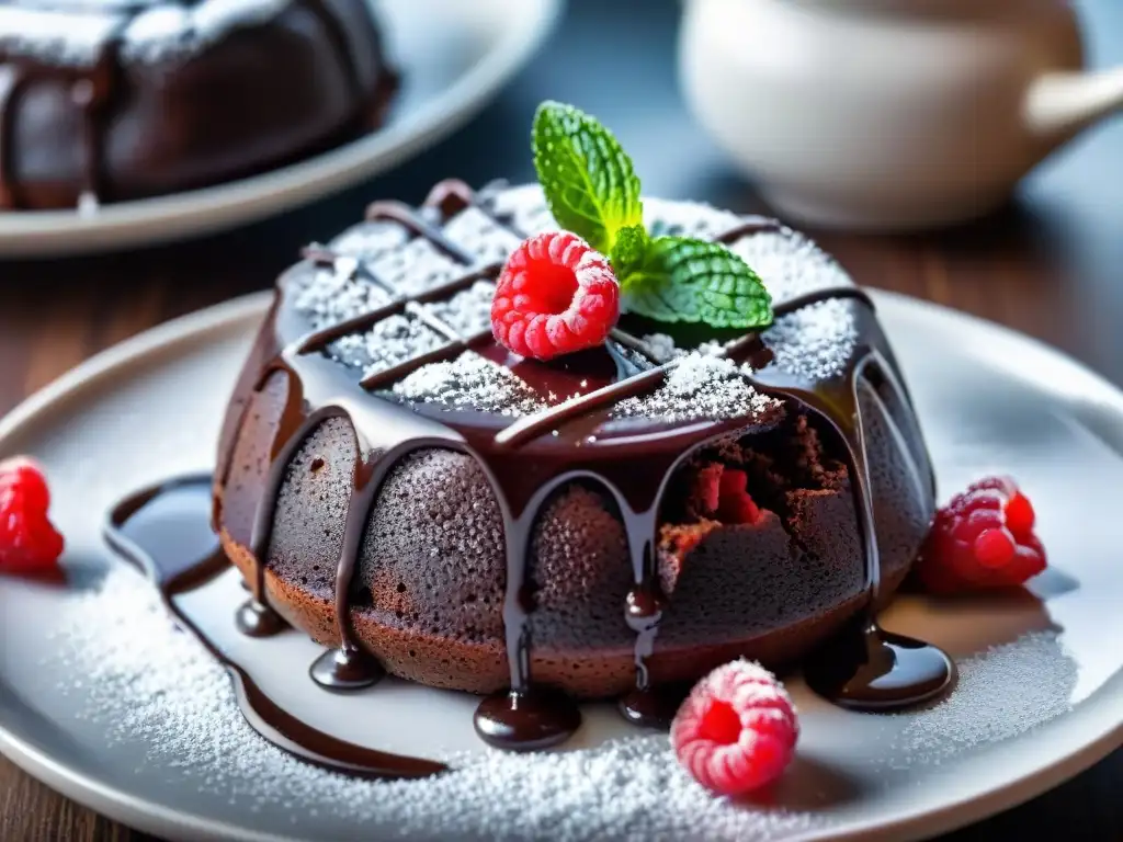 Un exquisito postre sin gluten: un irresistible pastel de lava de chocolate con frambuesas frescas y hoja de menta en un plato blanco