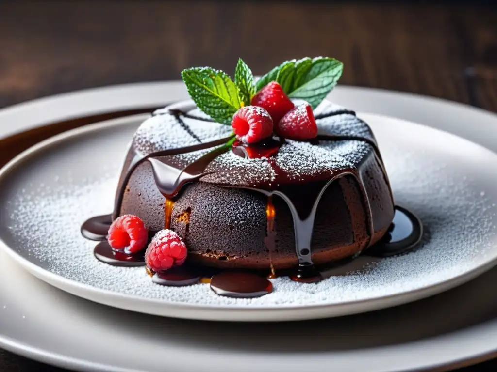 Exquisito postre sin gluten innovador: lava cake de chocolate con coulis de frambuesa, menta y azúcar glass