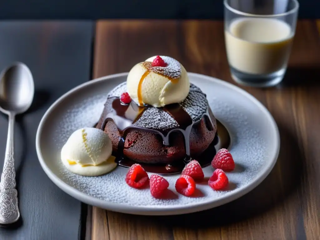 Un exquisito postre sin gluten: pastel de lava de chocolate con helado de vainilla, frambuesas y azúcar glas