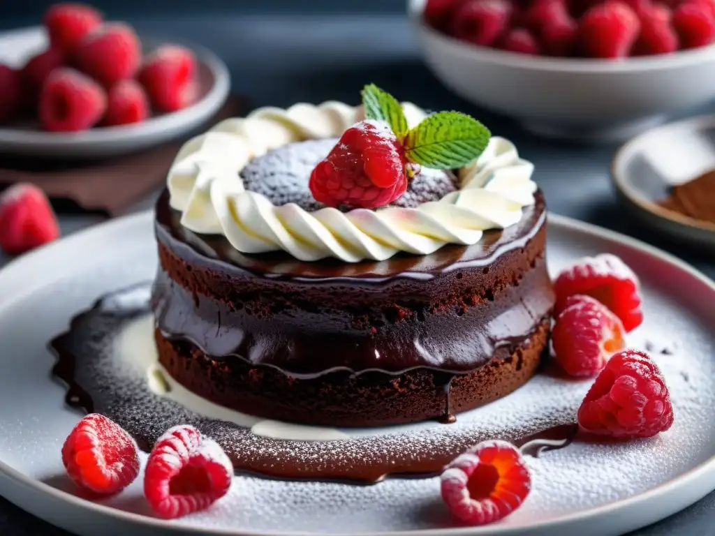 Exquisito postre sin gluten en restaurantes: pastel de chocolate húmedo con frambuesas y crema batida en un elegante plato blanco