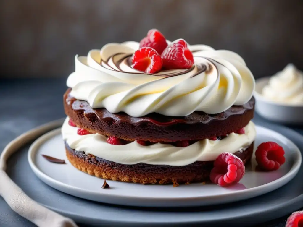 Un exquisito postre sin gluten con una tentadora nata montada, sobre un bizcocho de chocolate sin harina, decorado con frambuesas y azúcar glass