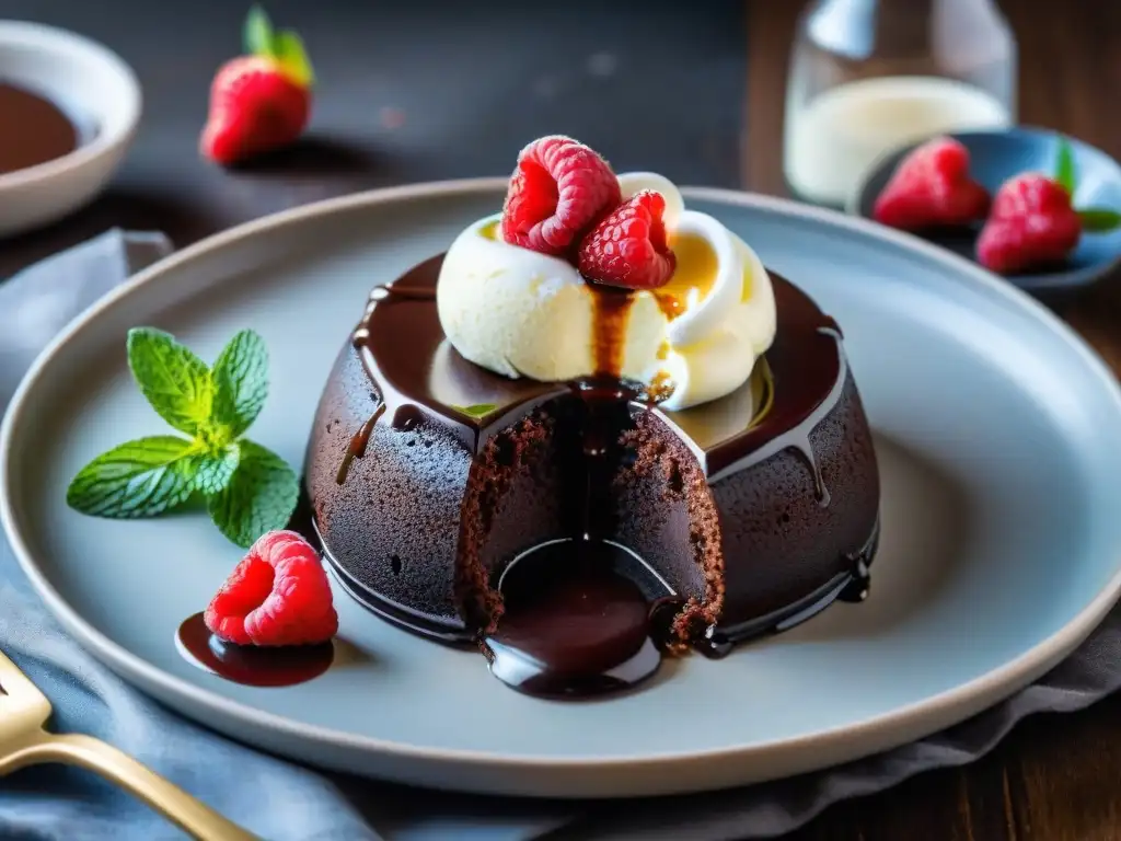 Un exquisito postre de invierno sin gluten: pastel de lava de chocolate con helado de vainilla, salsa de chocolate, frambuesas y hojas de menta fresca