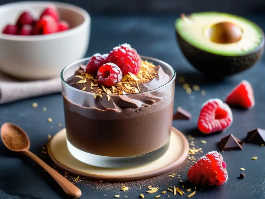 Un exquisito postre vegano sin gluten: mousse de chocolate y aguacate con frambuesas, coco y cacao