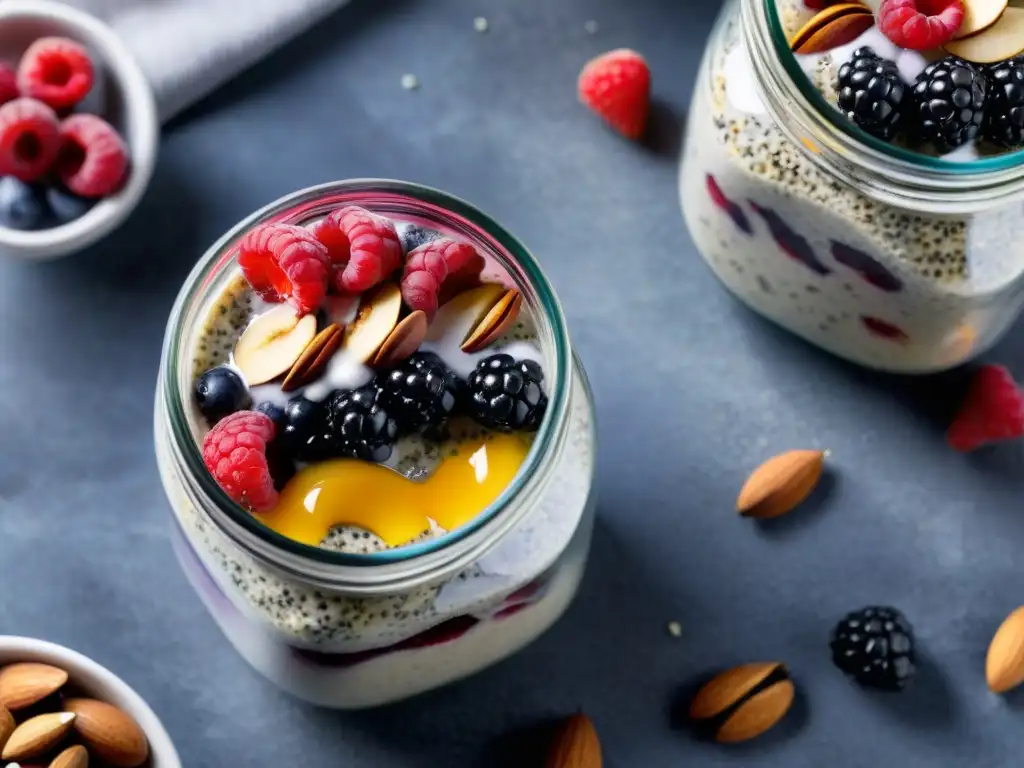 Deléitate con un exquisito pudding de chía sin gluten, adornado con frutas y almendras, sobre mármol