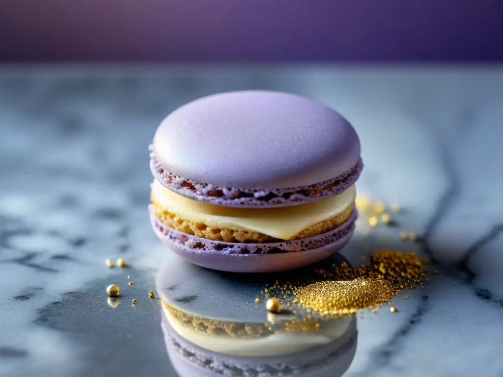 Exquisito macaron rosa con relleno de crema de lavanda, adornado con polvo dorado comestible, sobre encaje y mármol