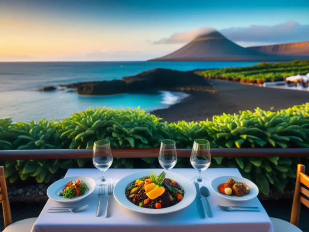 Exquisito restaurante sin gluten en Lanzarote, con mesa elegante y vista al mar al atardecer