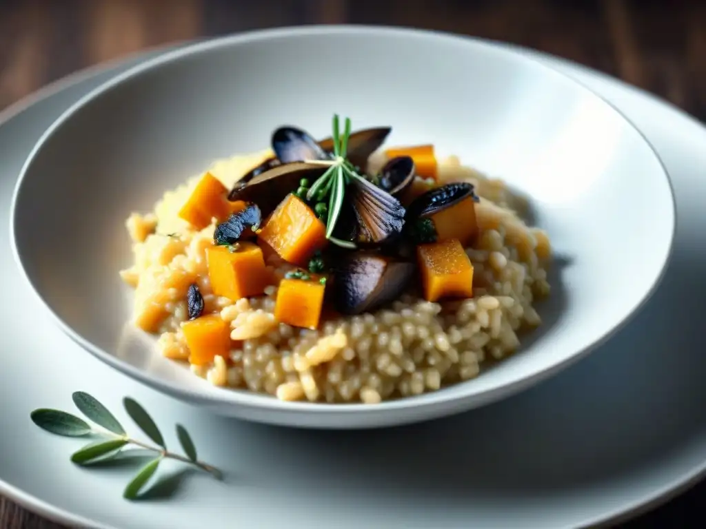 Un exquisito risotto sin gluten con calabaza y champiñones, decorado con parmesano y tomillo fresco en un elegante bol blanco