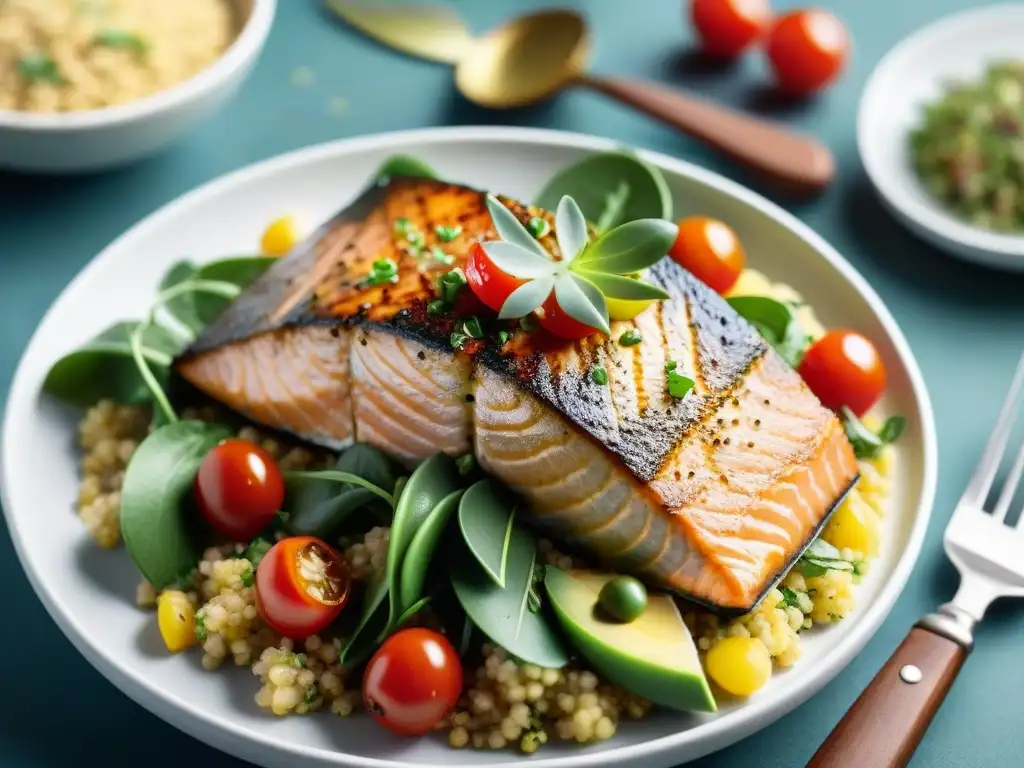 Un exquisito salmón horneado sobre ensalada de quinua y vegetales frescos