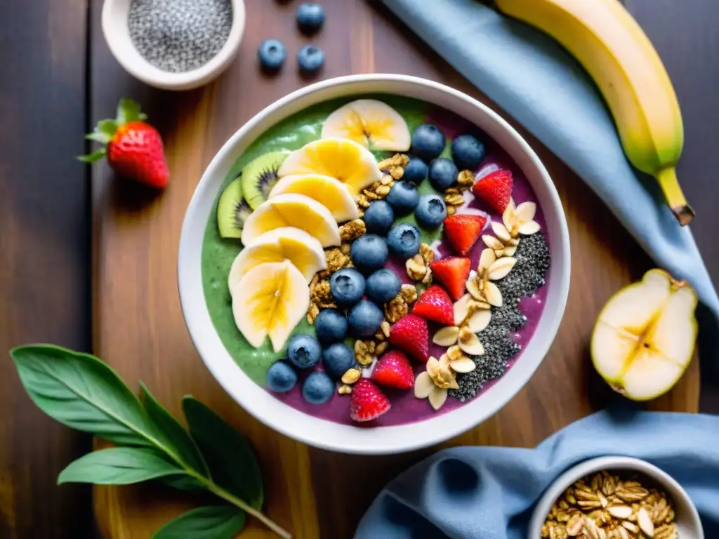 Un exquisito smoothie bowl sin gluten rebosante de frutas frescas y superalimentos