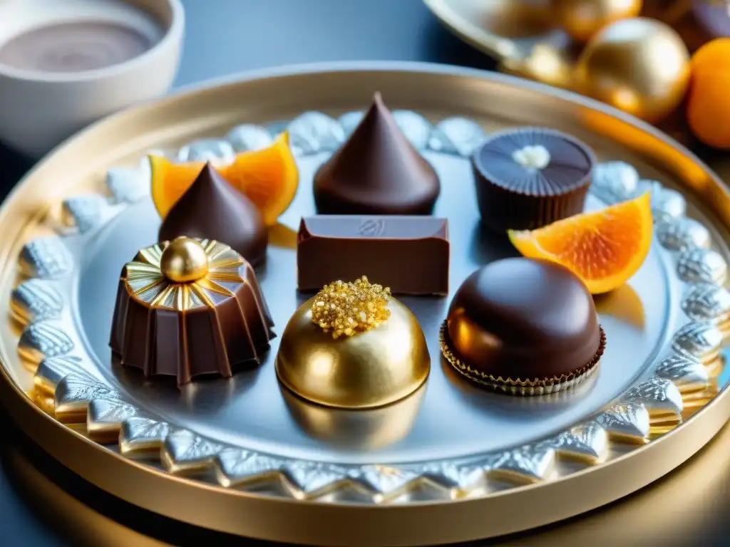 Un exquisito surtido de chocolates sin gluten indulgentes comparativa, decorados lujosamente en una bandeja de plata