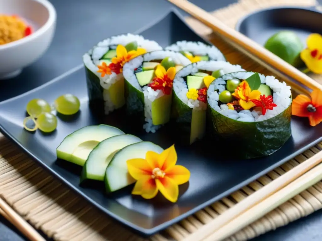 Exquisito sushi vegano con aguacate, pepino y pimientos, decorado con flores comestibles y salsa de soja