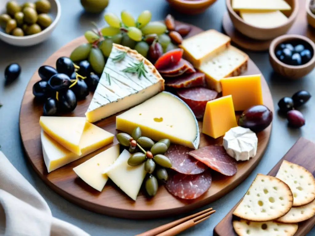 Un exquisito tablero de embutidos sin gluten con una variedad de quesos artesanales, frutas frescas y nueces, sobre una tabla de madera rústica