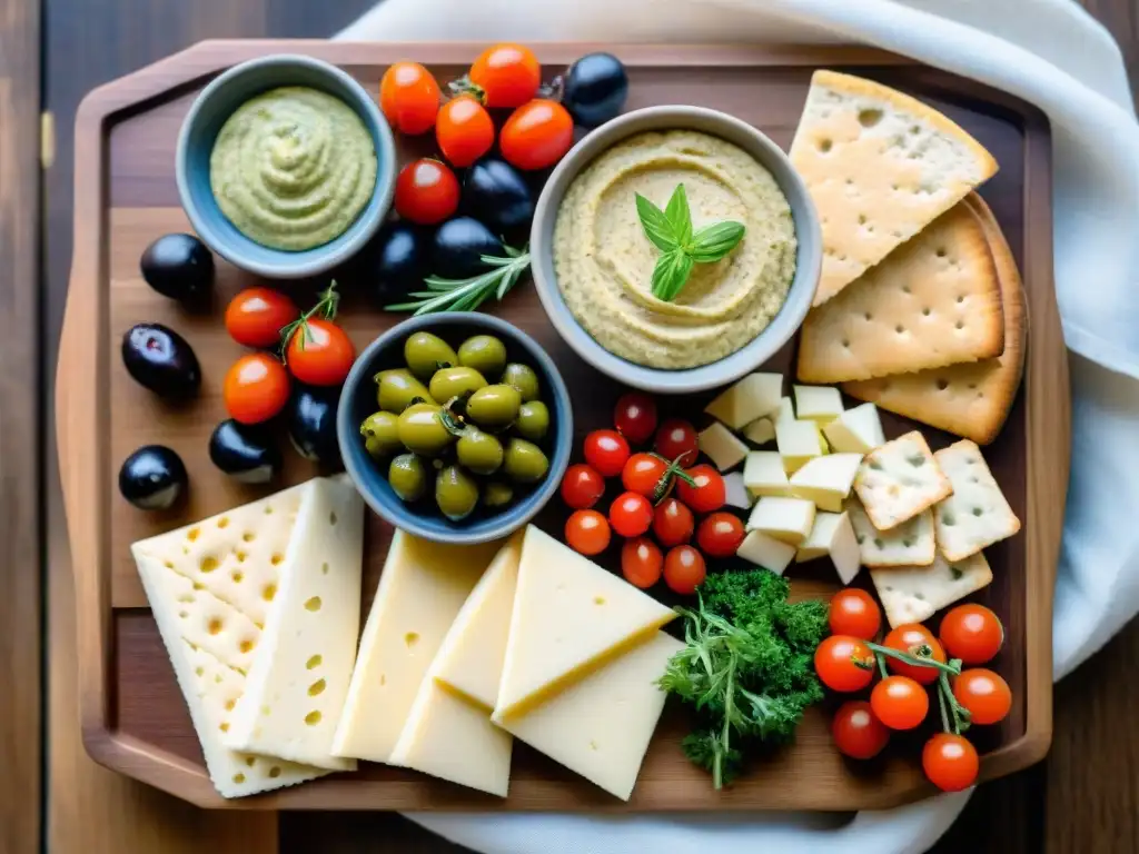 Un exquisito tablero de embutidos mediterráneos, con variados hummus sin gluten y decoración colorida