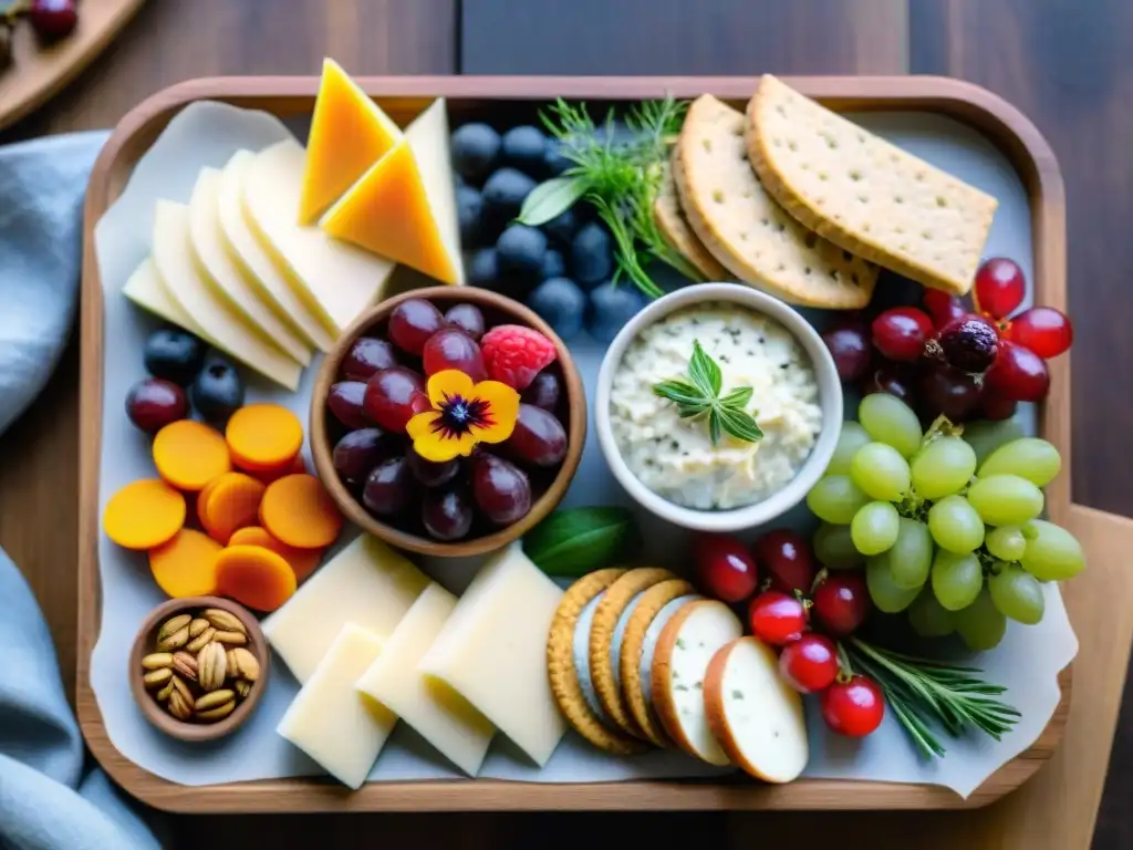 Un exquisito tablero de embutidos con snacks sin gluten caseros creativos, con variedad de ingredientes frescos y coloridos