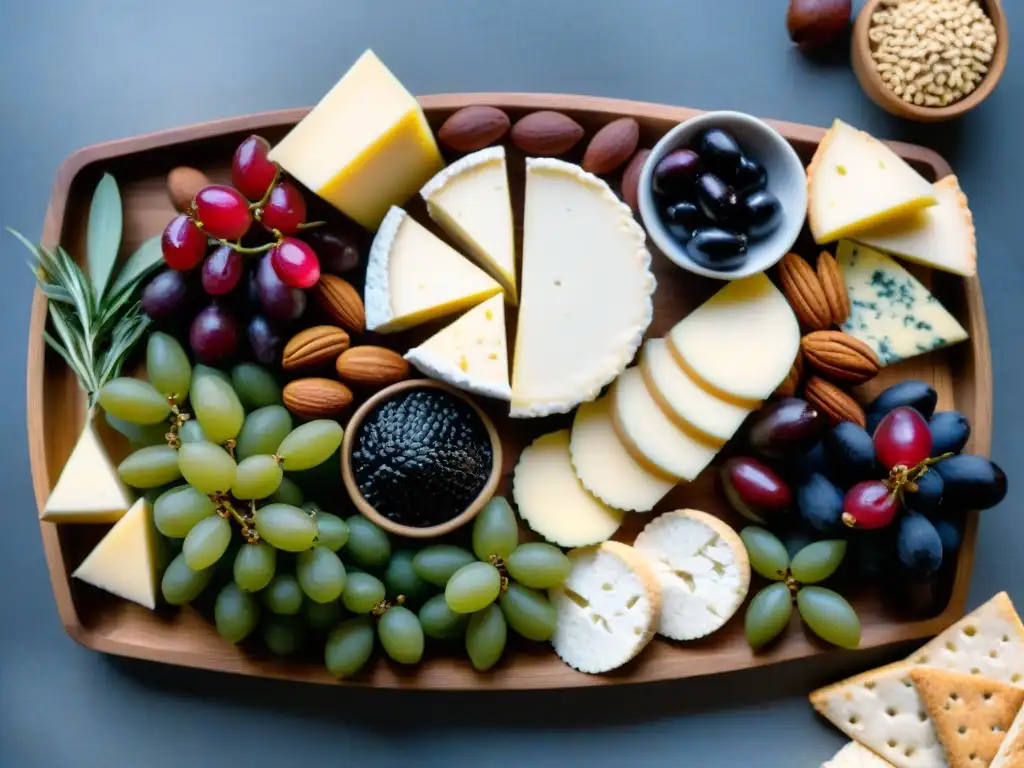 Un exquisito tablero de embutidos con variedad de quesos veganos sin gluten caseros, frutas frescas y frutos secos