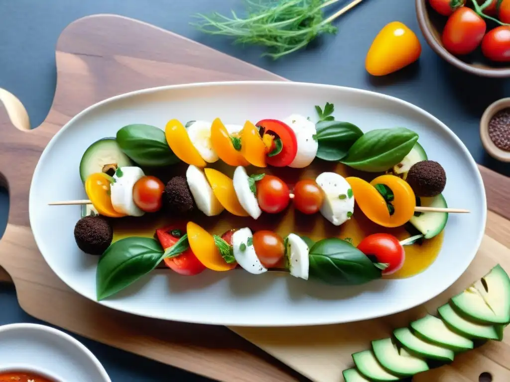 Un exquisito tablero de tapas sin gluten, con mini brochetas caprese, pimientos rellenos, bocados de aguacate y rollitos de salmón