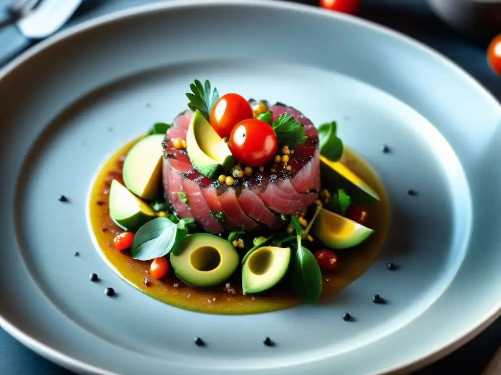 Un exquisito tartar de atún sin gluten, colorido y vibrante, con aguacate, tomate cherry, cilantro y sésamo negro