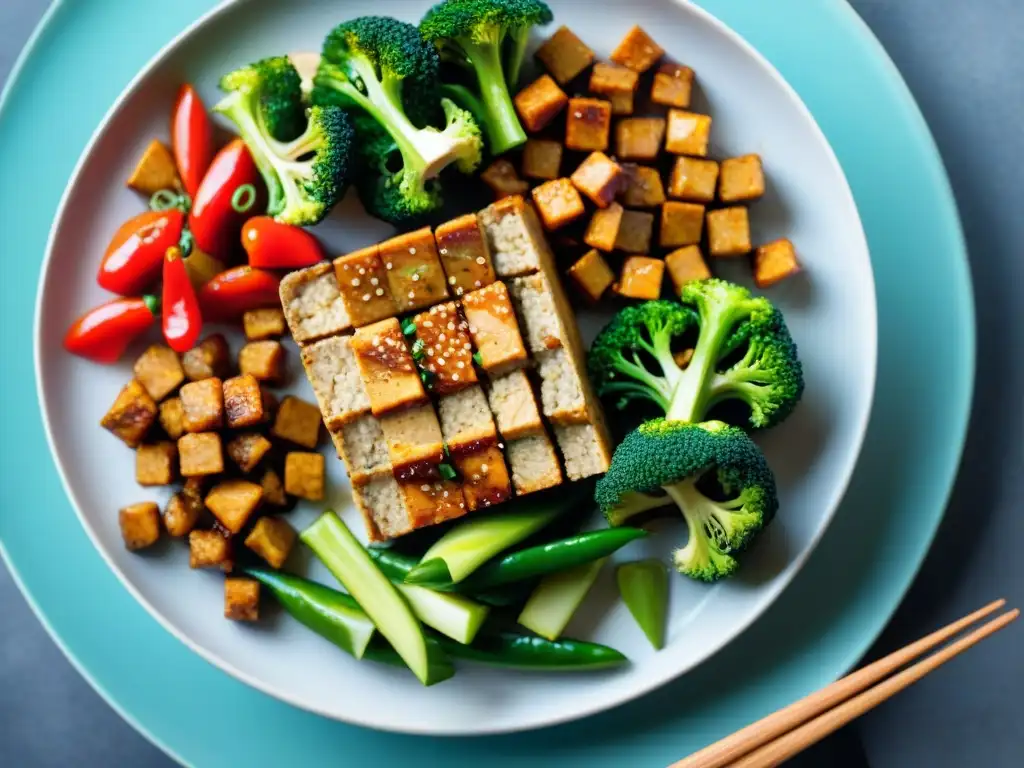 Exquisito tempeh sin gluten receta fácil: plato vibrante con verduras frescas y semillas de sésamo en moderna cocina