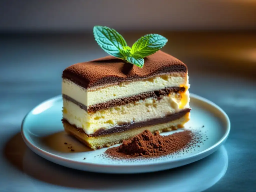 Un exquisito tiramisú italiano sin gluten fácil, decadente y lleno de capas, sobre un plato blanco adornado con menta fresca