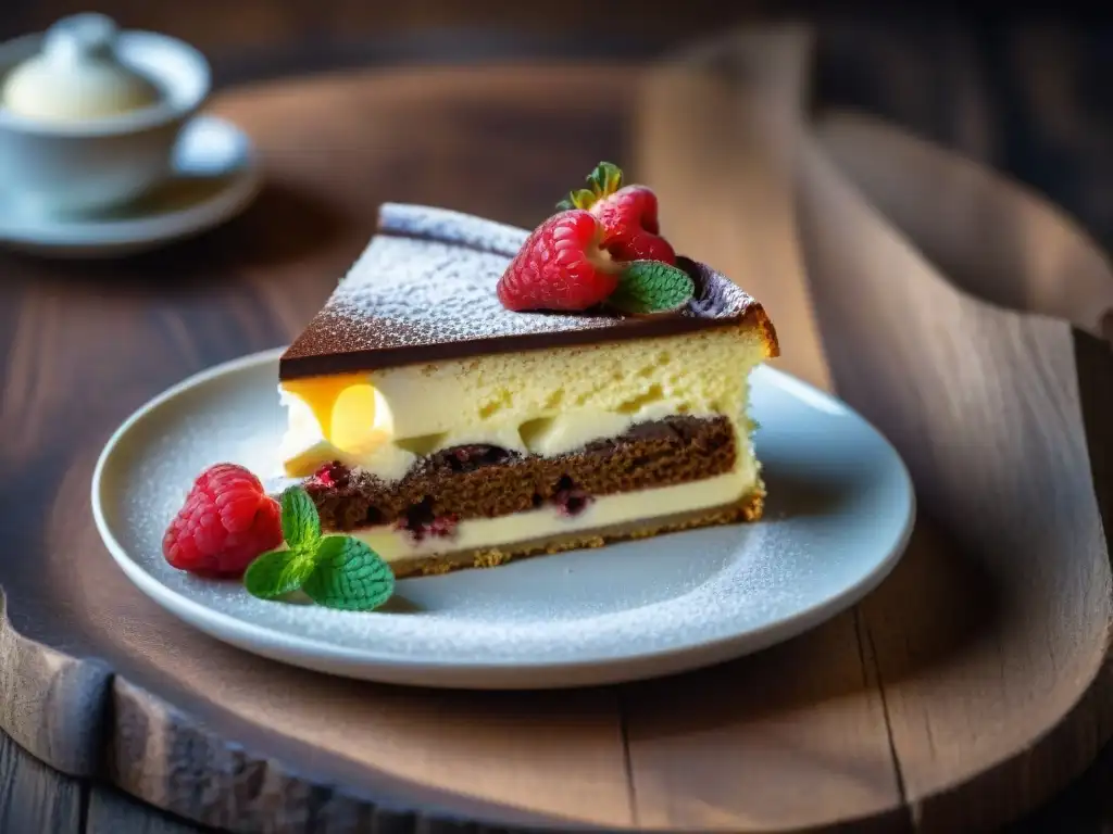 Exquisito tiramisú italiano sin gluten fácil en elegante presentación con frambuesas y menta