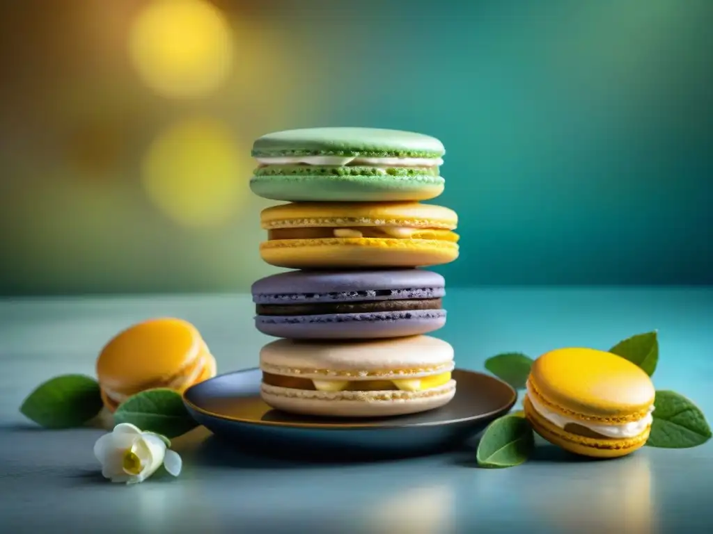 Un exquisito torre de macarons franceses, una obra de arte en tonos vibrantes y texturas delicadas, en un café parisino