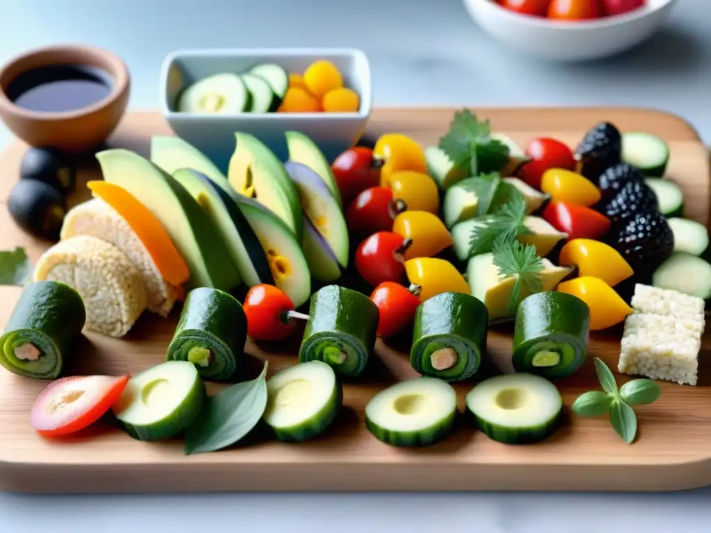 Exquisitos aperitivos veganos y sin gluten en tabla de madera para eventos