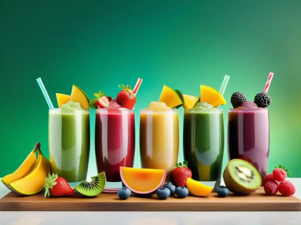 Exquisitos batidos veganos y coloridas recetas en elegantes vasos, con frutas tropicales frescas y fondo de hojas verdes exuberantes