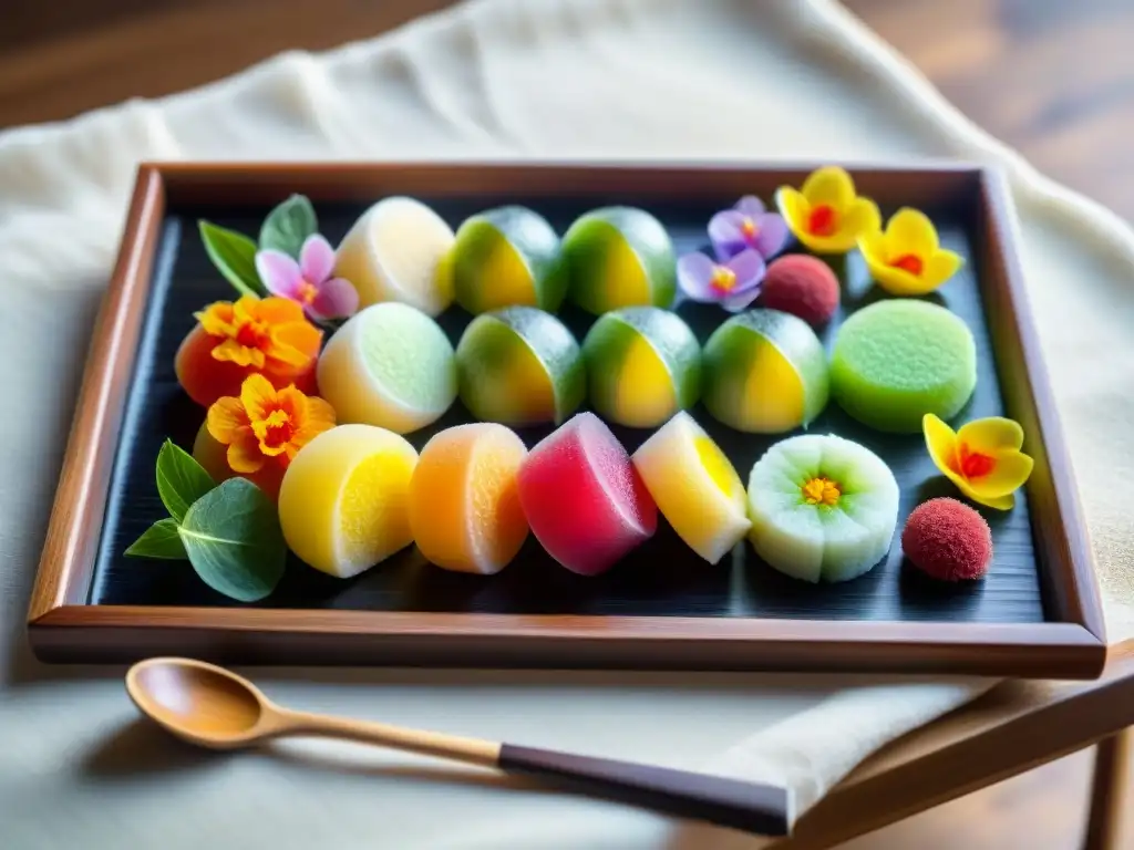 Exquisitos Mochis sin gluten en bandeja japonesa con té verde, una delicia visual de la receta fácil