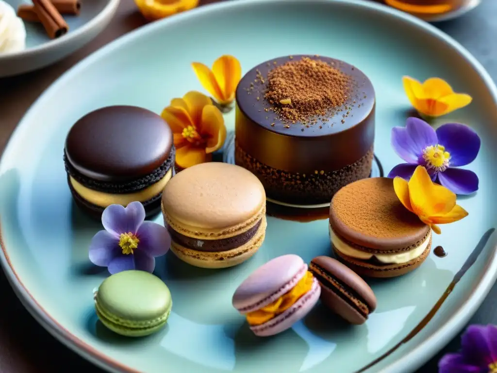 Exquisitos postres sin gluten con especias: chocolate, macarons y cheesecake chai con flores comestibles