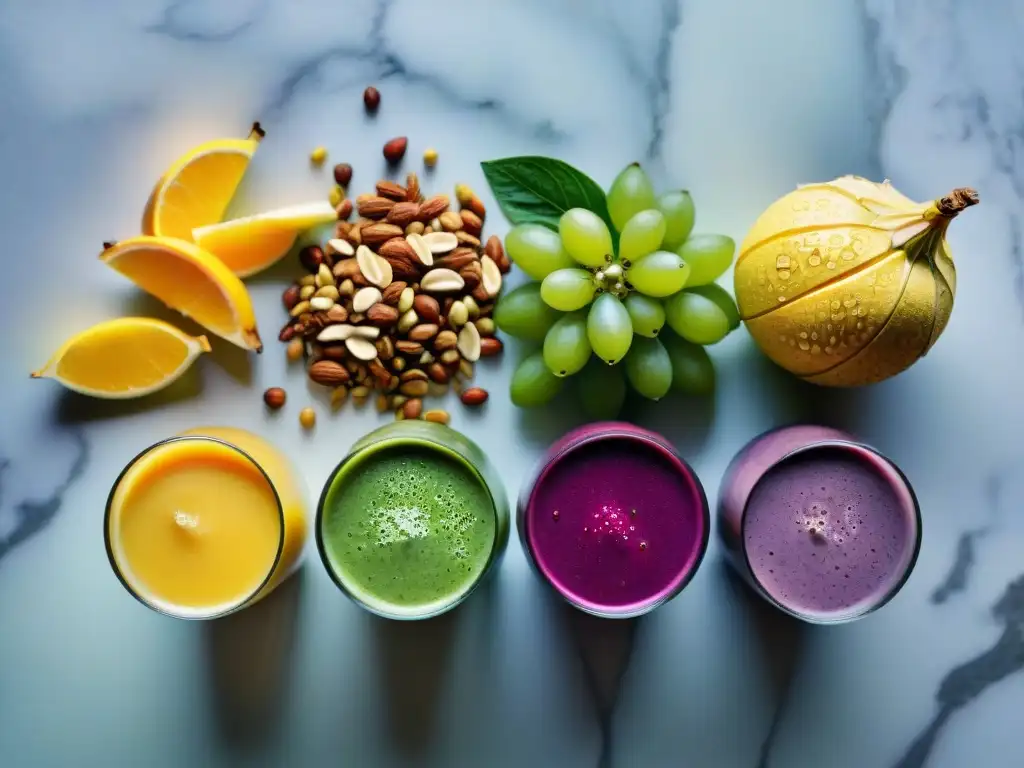 Exquisitos smoothies antioxidantes sin gluten para entrenamiento en una encantadora composición de colores y texturas frescas