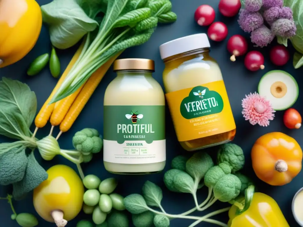 Un jardín exuberante con alimentos probióticos veganos sin gluten en un entorno vibrante y colorido