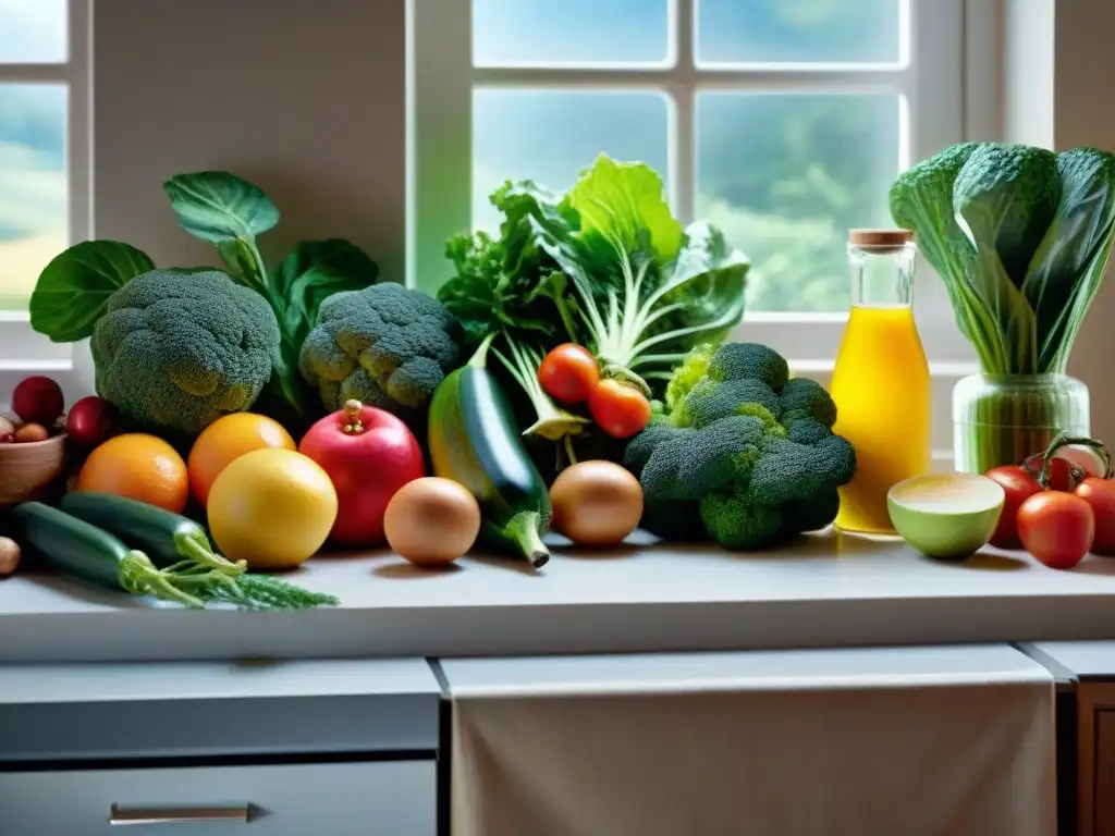 Una exuberante cocina llena de frutas y verduras frescas, con colores vibrantes y gotas de agua brillantes