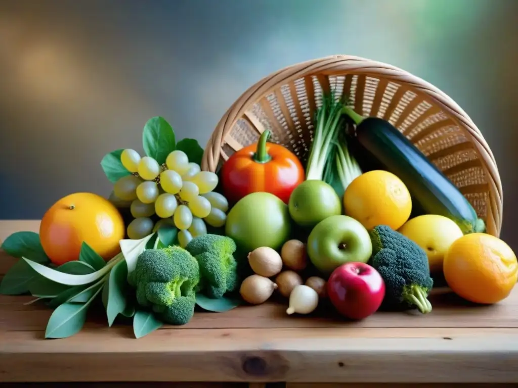 Una exuberante y colorida selección de frutas y verduras orgánicas frescas se derrama de una cesta de mimbre sobre una mesa de madera rústica