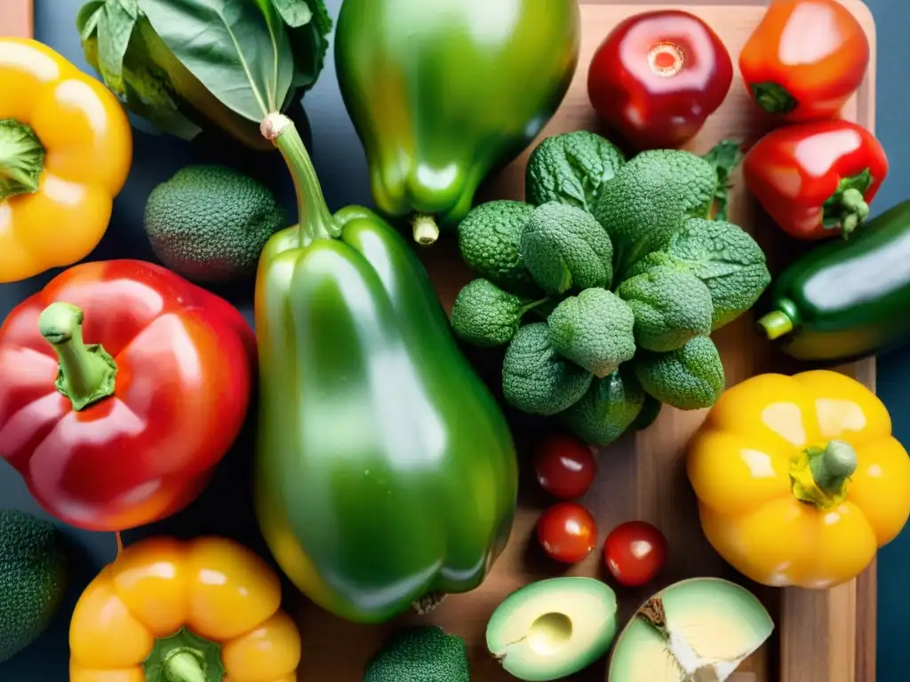 Una exuberante y colorida selección de frutas y verduras frescas sobre tabla de madera, con gotas de agua bajo luz natural suave