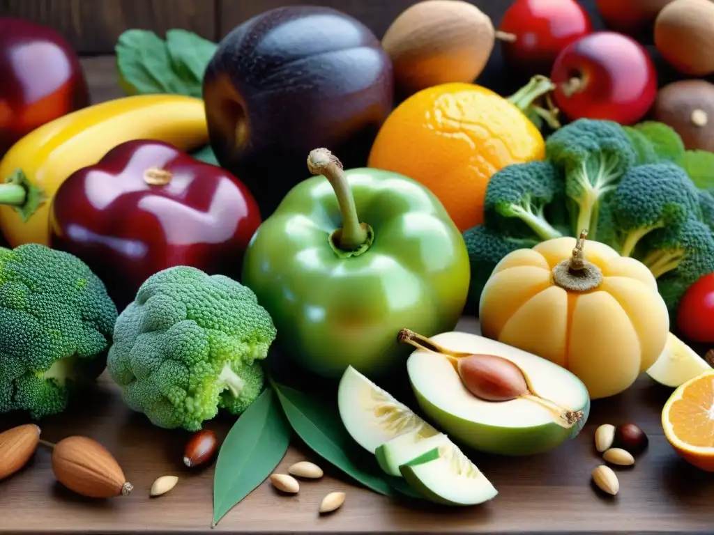 Una exuberante y colorida variedad de frutas, verduras, frutos secos y semillas frescos sobre una mesa de madera rústica